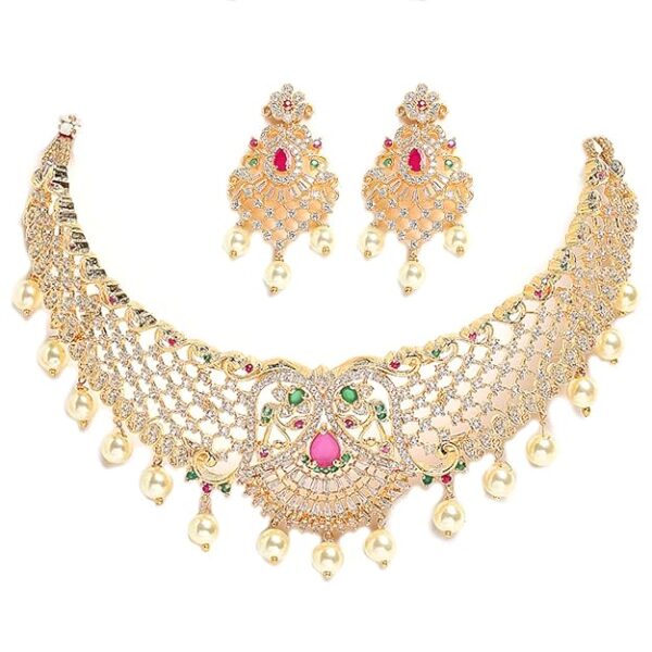 Gold Plated White & Red American Diamond Studded With Drop Pearl Beaded Jewellery Set