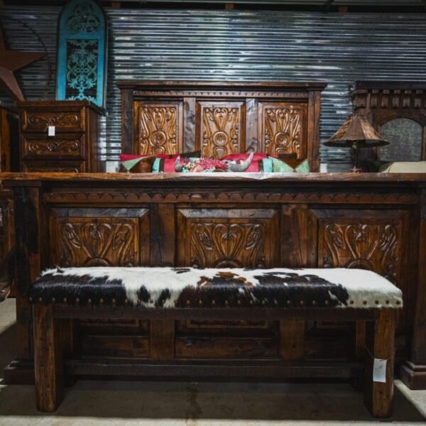 Tri color cowhide old wood bench