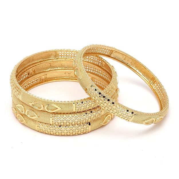 1 ZENEME Set Of 4 Gold-Plated Classic Paisley Shaped Textured Handcrafted Bangles - Image 1
